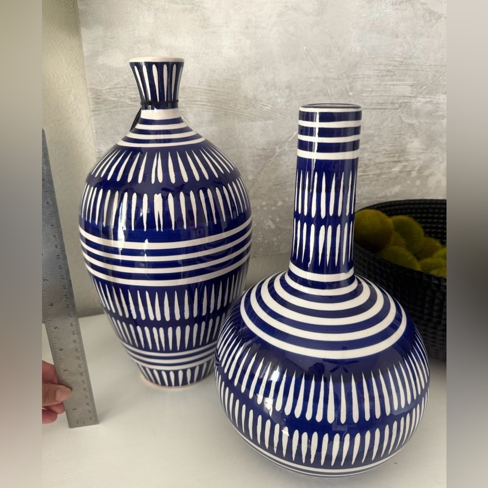 Blue and White Striped Ceramic Vases
